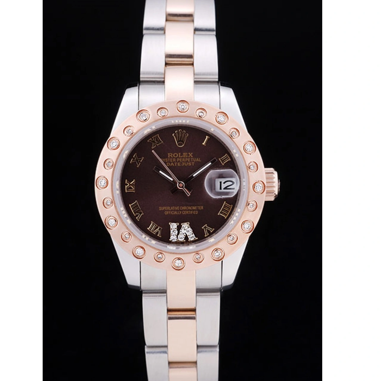 Aaa replica watch Datejust Polished 7475 Rose Diamonds Bezel Gold Dial Brown Rolex 1026